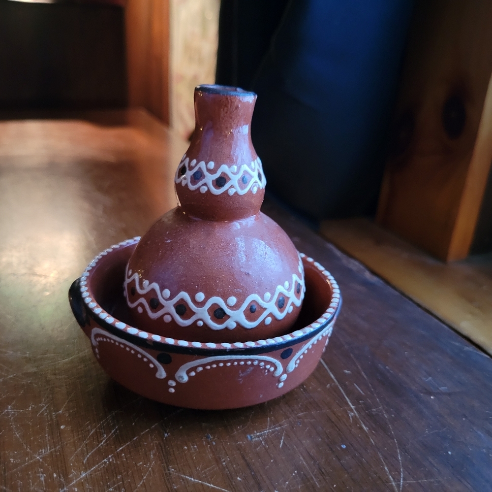 Portuguese terracotta Dish & Mexican Gourd Shaped Mini Pitcher/vase Earthenware